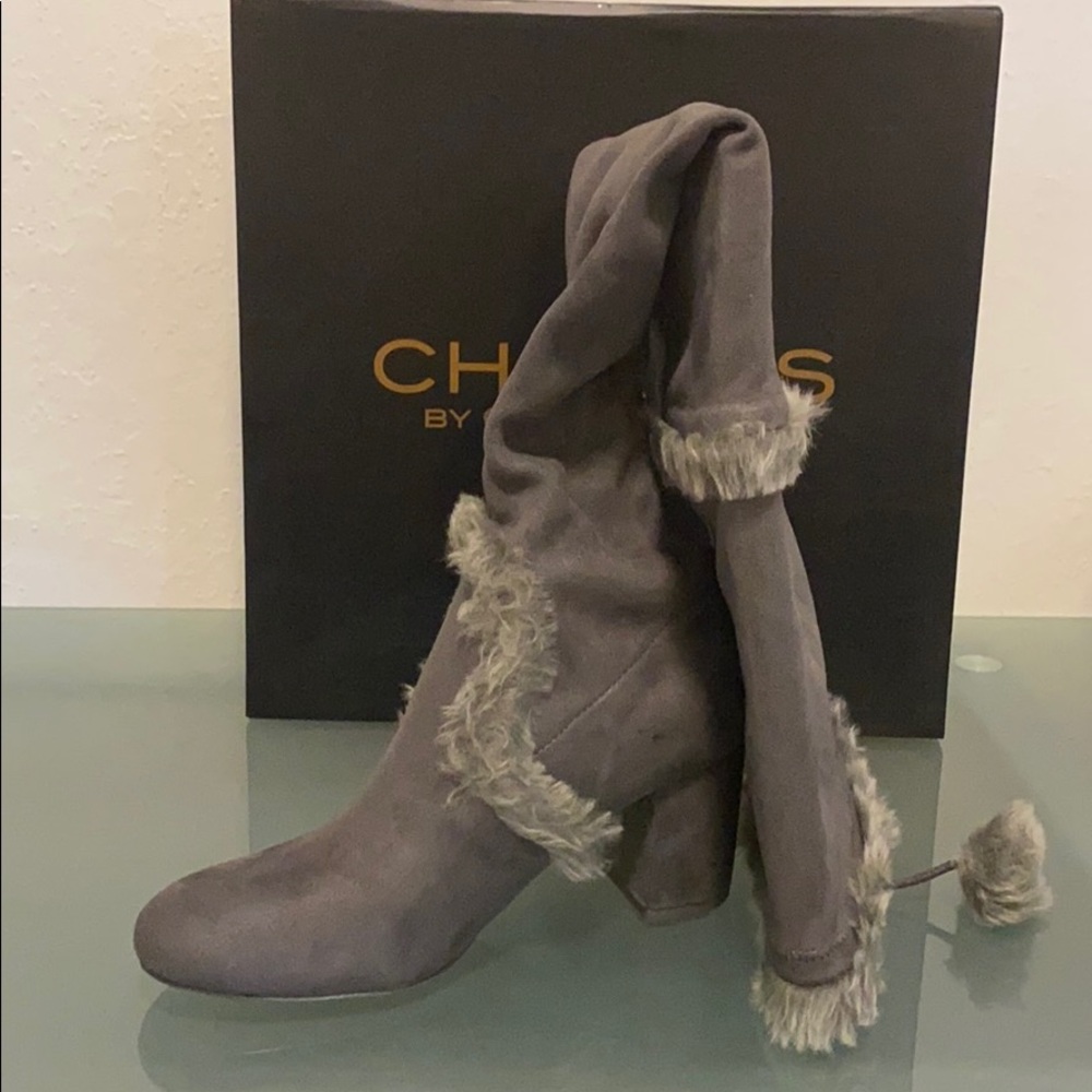 Charles David Gray Fur-Trimmed Over the Knee Boots